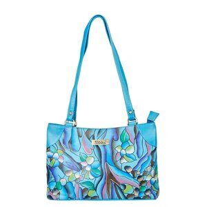 Hand-Painted Aqua Blue Abstract Artwork Ladies Leather Shoulder Tote Bag